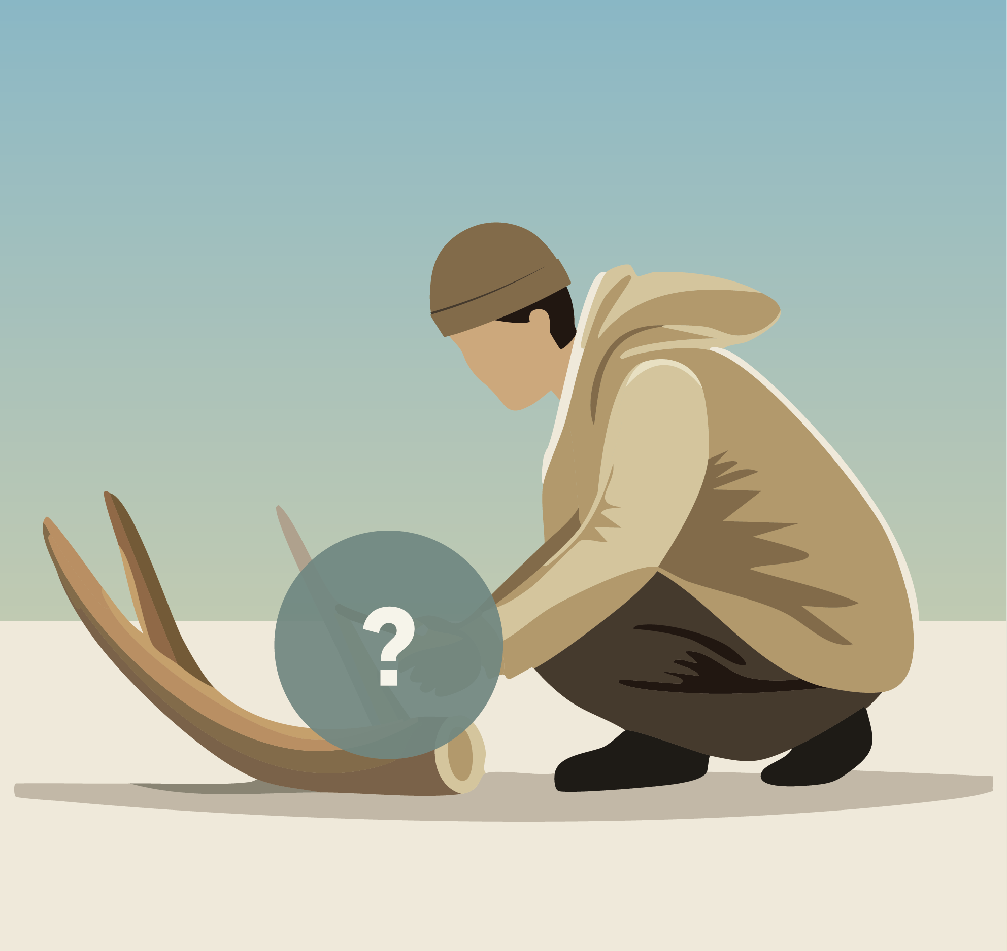 Une personne en vêtements d'hiver s'agenouille sur la neige, examinant une grande défense avec une sphère mystérieuse marquée d'un point d'interrogation à côté.