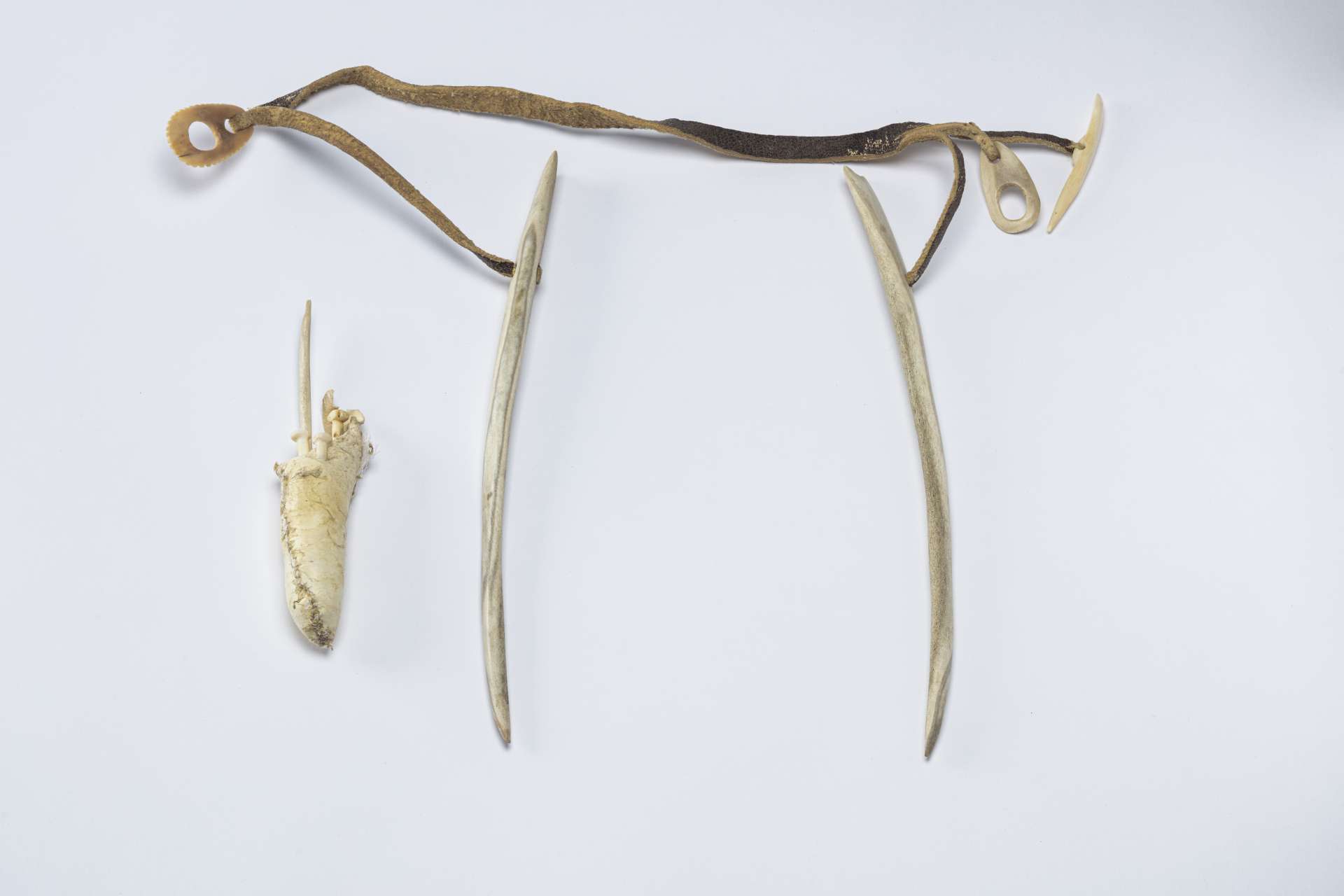 Deux longues pi&egrave;ces pointues en mati&egrave;re osseuse blanche, dispos&eacute;es parall&egrave;lement, avec une lani&egrave;re de cuir attach&eacute;e &agrave; leurs extr&eacute;mit&eacute;s sup&eacute;rieures. Deux boucles et ce qui ressemble &agrave; une &eacute;pingle en mati&egrave;re osseuse blanche sont attach&eacute;s sur la lani&egrave;re. &Agrave; gauche, une petite trousse en cuir beige est visible.